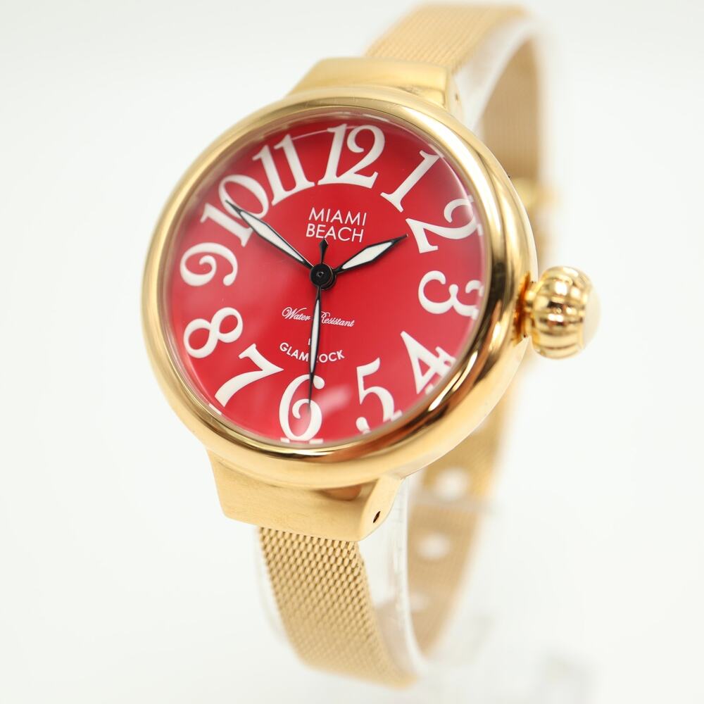 Miami Beach Glam Rock Gold Tone 36mm Red Womens Watch Mesh Band w New Battery